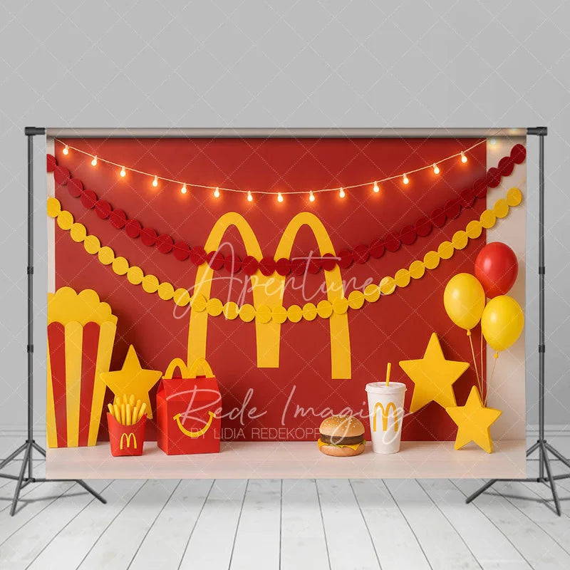 Aperturee - Aperturee Red Yellow M Burger Shop Birthday Cake Smash Backdrop