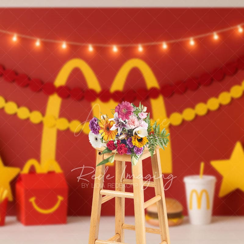 Aperturee - Aperturee Red Yellow M Burger Shop Birthday Cake Smash Backdrop