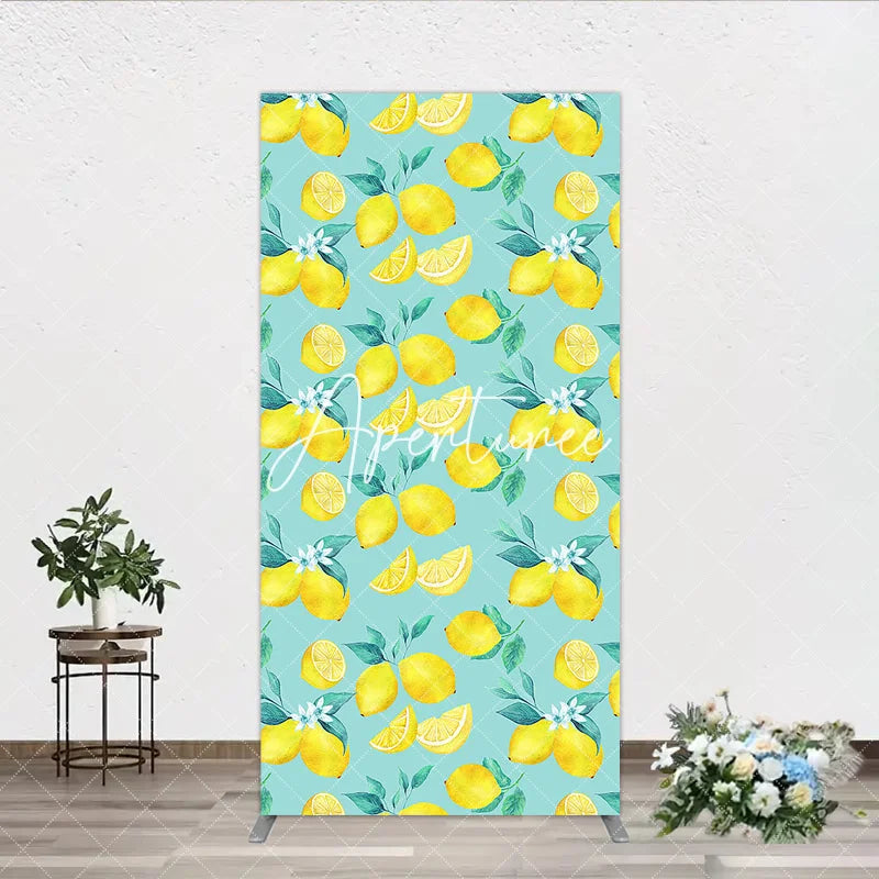 Aperturee - Aperturee Refreshing Watercolor Lemon and Slices Rectangle Arch Backdrop with Green Leaves Fresh Citrus Summer Party Decor