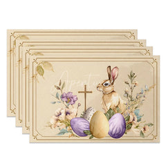 Aperturee - Aperturee Religious Easter Cross Bunny Set of 4 Placemats Purple Egg Floral Rabbit Table Mats for Holy Day