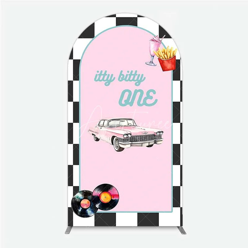 Aperturee - Aperturee Retro 50s Diner Arch Backdrop Pink Classic Car and Milkshake 1st Birthday Party Decoration