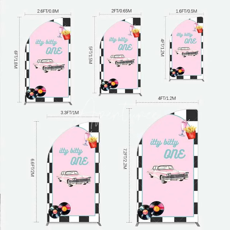 Aperturee - Aperturee Retro 50s Diner Half Moon Arch Backdrop Pink Classic Car and Milkshake 1st Birthday Party Decoration
