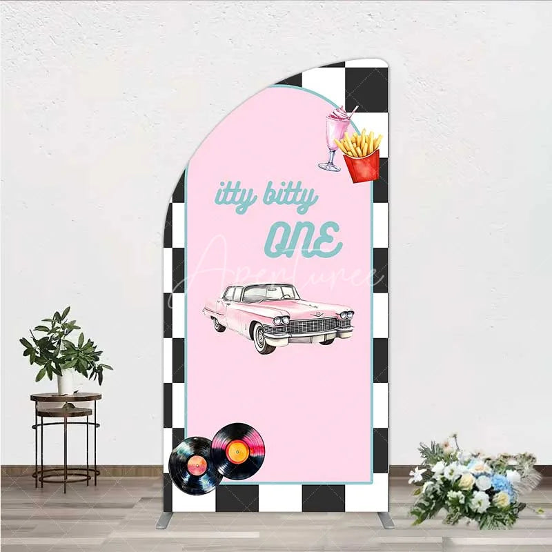 Aperturee - Aperturee Retro 50s Diner Half Moon Arch Backdrop Pink Classic Car and Milkshake 1st Birthday Party Decoration