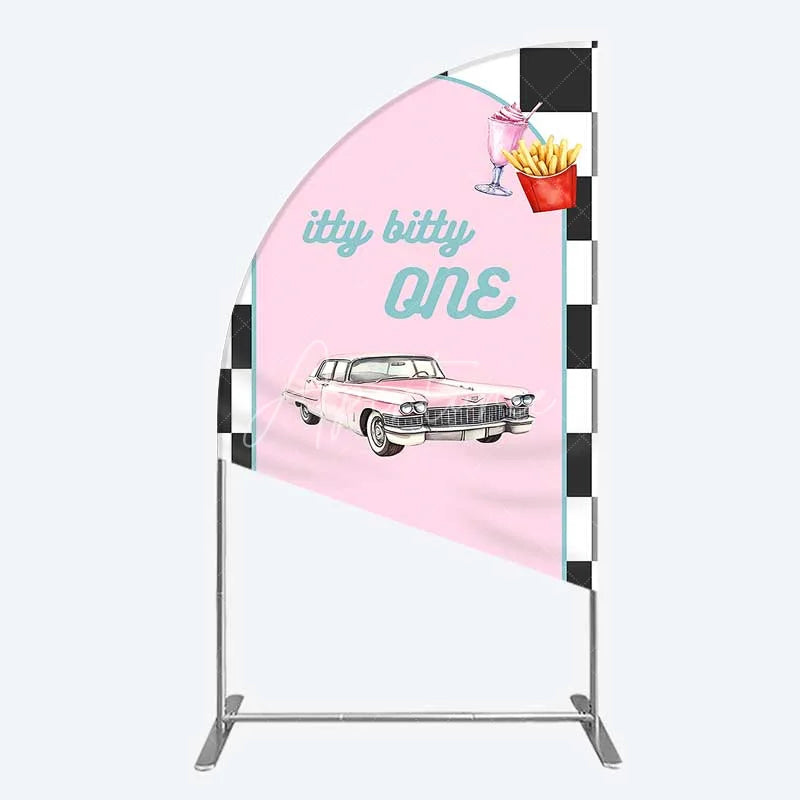 Aperturee - Aperturee Retro 50s Diner Half Moon Arch Backdrop Pink Classic Car and Milkshake 1st Birthday Party Decoration