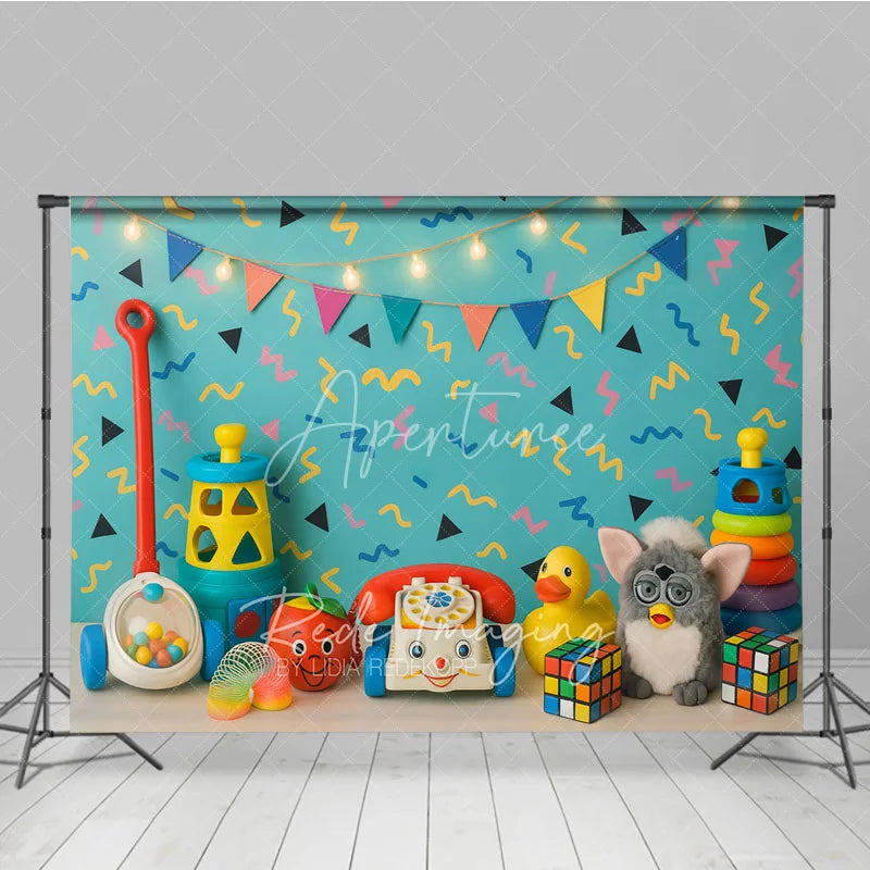 Aperturee - Aperturee Retro 90s Toys and Pattern Photo Backdrop I Love the 90s Birthday Photography Background