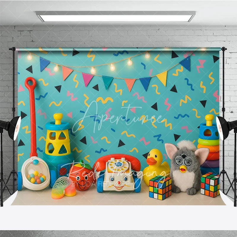 Aperturee - Aperturee Retro 90s Toys and Pattern Photo Backdrop I Love the 90s Birthday Photography Background