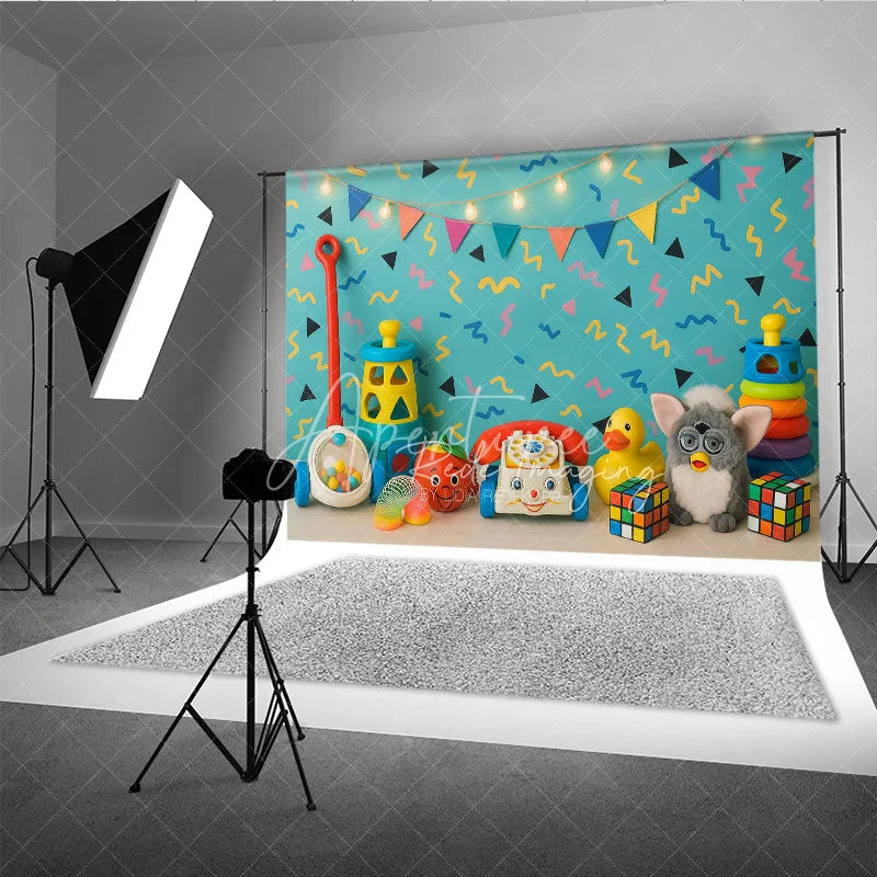 Aperturee - Aperturee Retro 90s Toys and Pattern Photo Backdrop I Love the 90s Birthday Photography Background