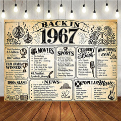 Aperturee - Aperturee Retro Back in 1967 Newspaper Style Birthday Backdrop with Historical Facts 1960s Slang and Popular Culture Party Decor
