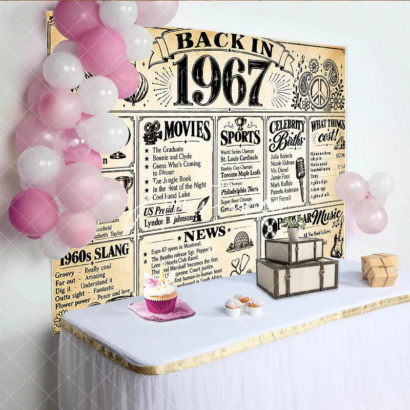 Aperturee - Aperturee Retro Back in 1967 Newspaper Style Birthday Backdrop with Historical Facts 1960s Slang and Popular Culture Party Decor