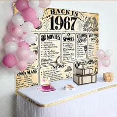 Aperturee - Aperturee Retro Back in 1967 Newspaper Style Birthday Backdrop with Historical Facts 1960s Slang and Popular Culture Party Decor