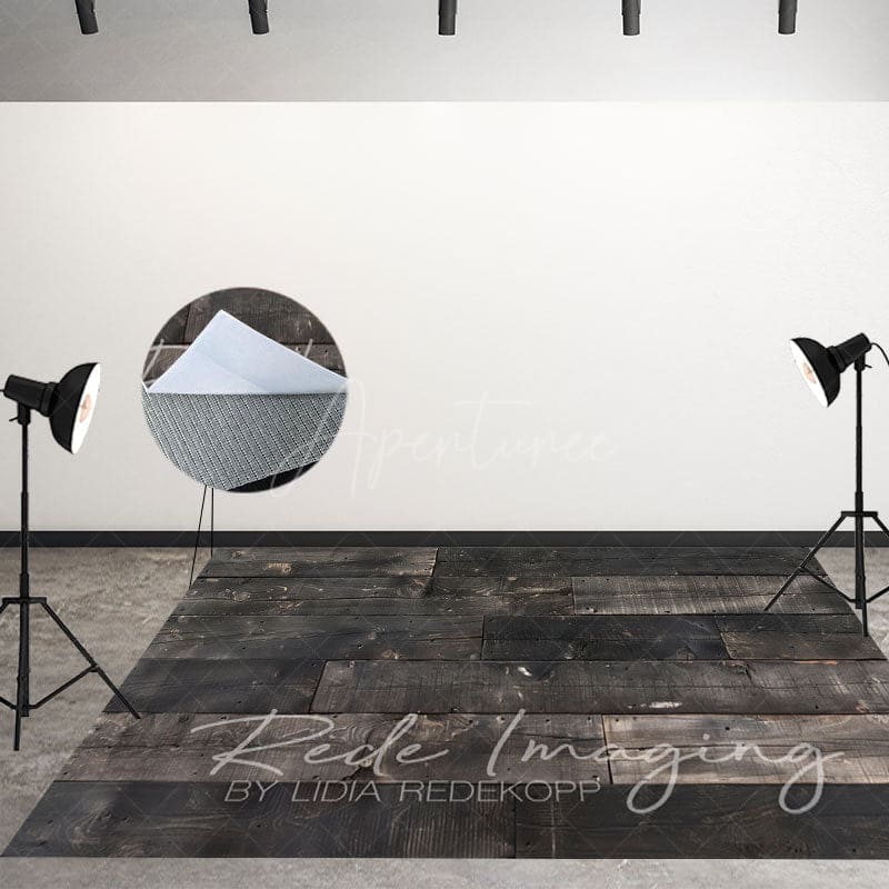 Aperturee - Aperturee Retro Black Grey Wood Grain Fabric Floor Backdrop