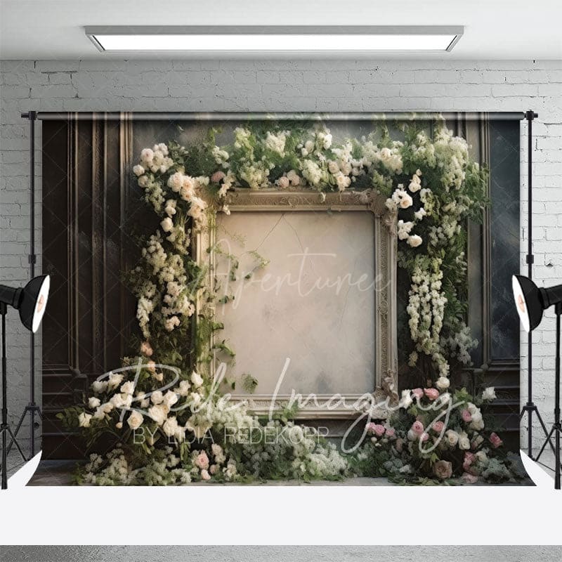 Aperturee - Aperturee Retro Black Wall Floral Frame Wedding Photo Backdrop