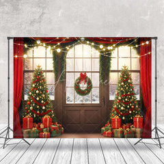 Aperturee - Aperturee Retro Door Snowy Forest Scene Christmas Backdrop