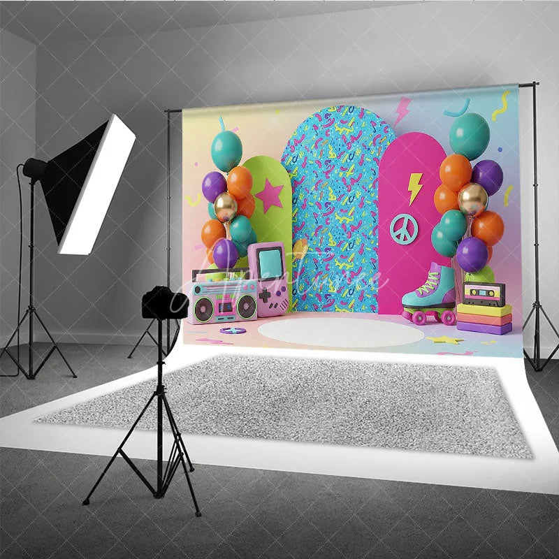 Aperturee - Aperturee Retro Gaming Birthday Backdrop Pastel Rainbow Gameboy and Boombox Cake Smash Photography Background