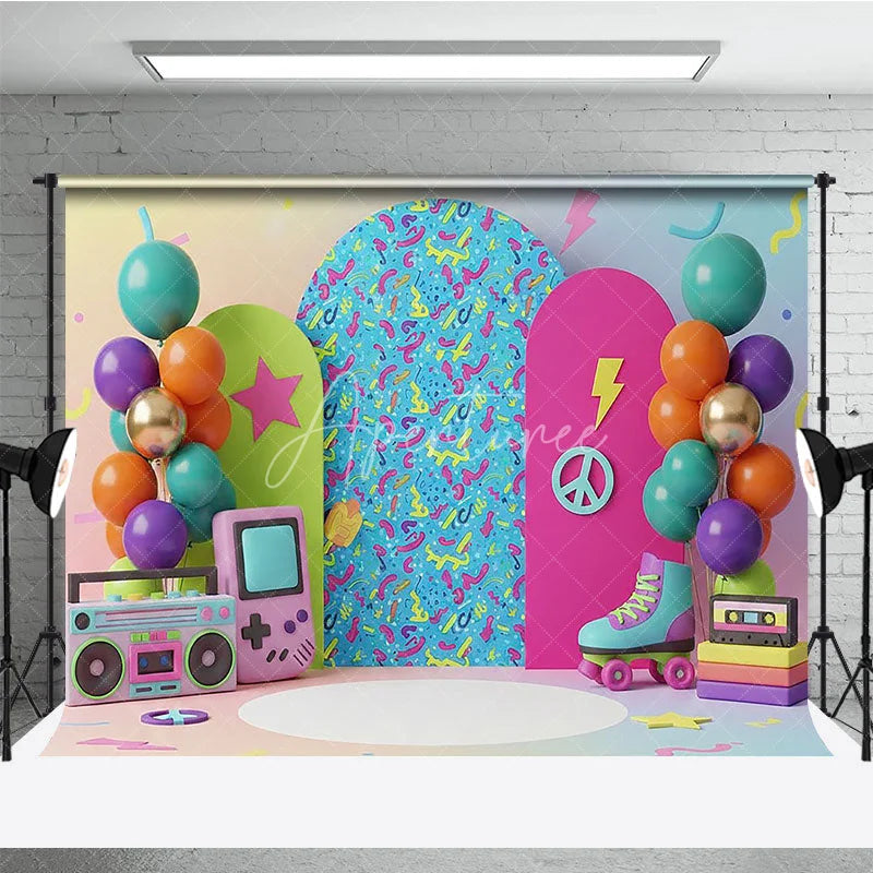 Aperturee - Aperturee Retro Gaming Birthday Backdrop Pastel Rainbow Gameboy and Boombox Cake Smash Photography Background