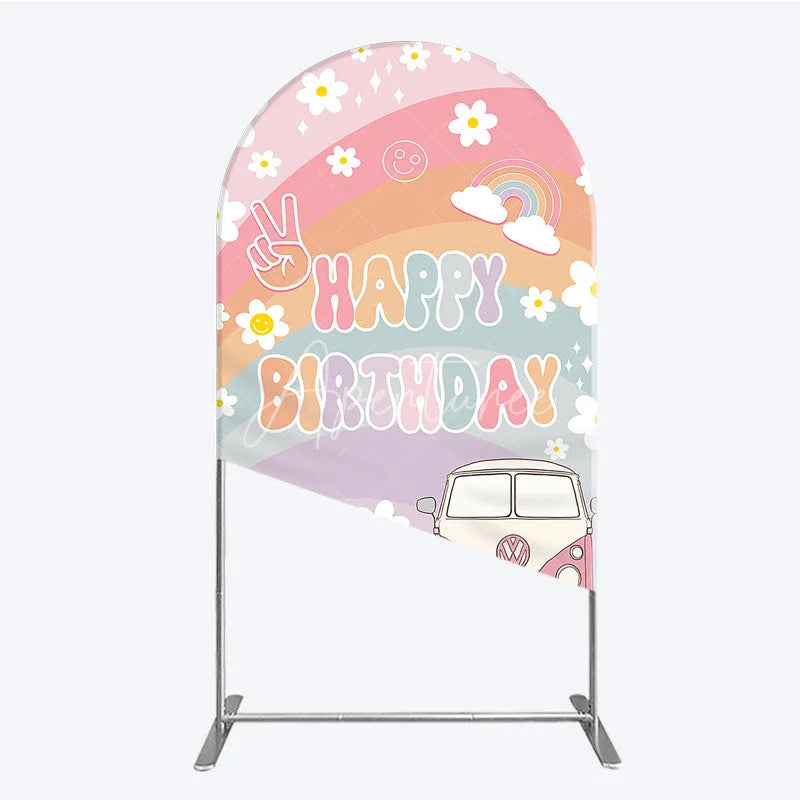 Aperturee - Aperturee Retro Groovy Happy Birthday Arch Backdrop Pastel Rainbow with Daisies Peace Sign and Vintage Camper Van