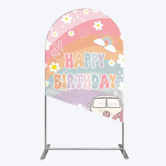 Aperturee - Aperturee Retro Groovy Happy Birthday Arch Backdrop Pastel Rainbow with Daisies Peace Sign and Vintage Camper Van