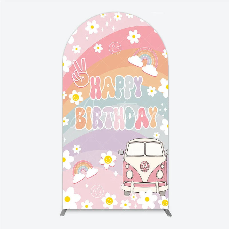 Aperturee - Aperturee Retro Groovy Happy Birthday Arch Backdrop Pastel Rainbow with Daisies Peace Sign and Vintage Camper Van