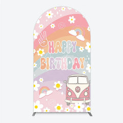 Aperturee - Aperturee Retro Groovy Happy Birthday Arch Backdrop Pastel Rainbow with Daisies Peace Sign and Vintage Camper Van