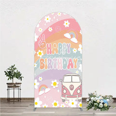 Aperturee - Aperturee Retro Groovy Happy Birthday Arch Backdrop Pastel Rainbow with Daisies Peace Sign and Vintage Camper Van