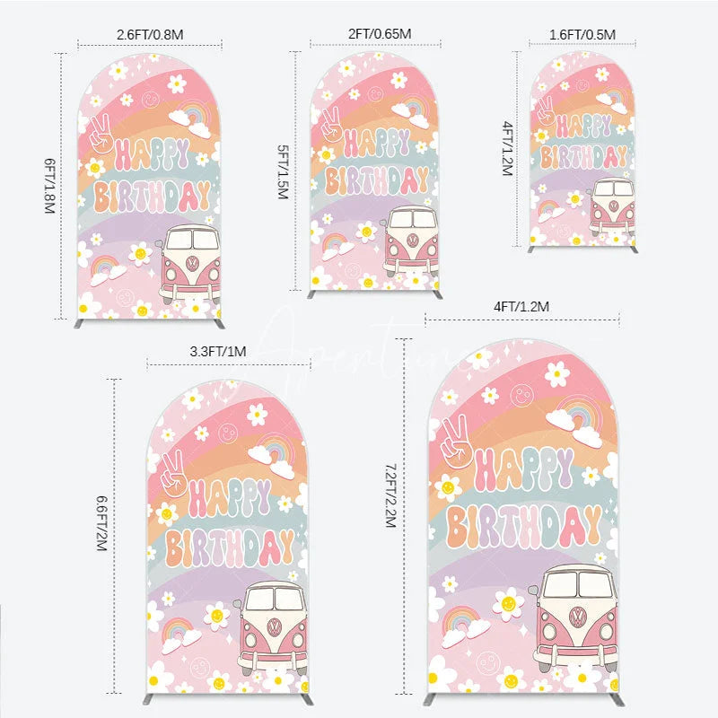 Aperturee - Aperturee Retro Groovy Happy Birthday Arch Backdrop Pastel Rainbow with Daisies Peace Sign and Vintage Camper Van
