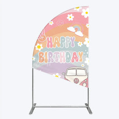 Aperturee - Aperturee Retro Groovy Happy Birthday Half Moon Arch Backdrop Pastel Rainbow with Daisies Peace Sign and Vintage Camper Van