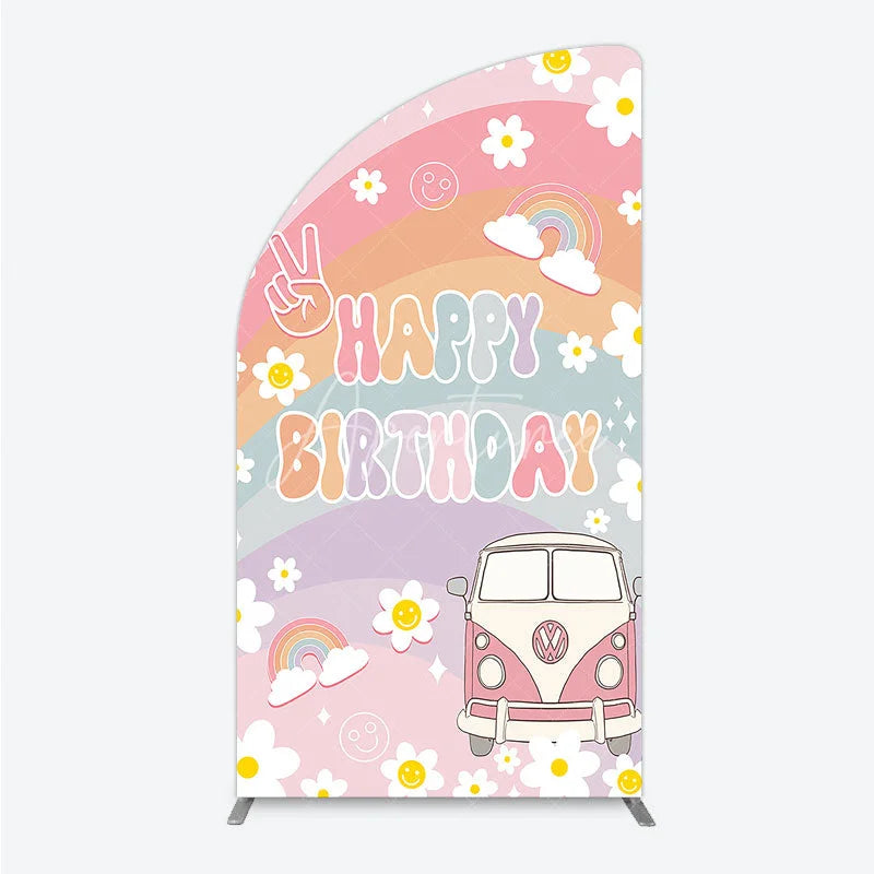 Aperturee - Aperturee Retro Groovy Happy Birthday Half Moon Arch Backdrop Pastel Rainbow with Daisies Peace Sign and Vintage Camper Van
