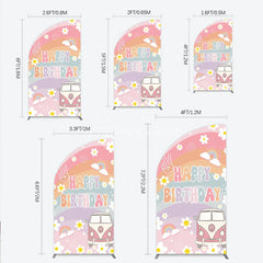 Aperturee - Aperturee Retro Groovy Happy Birthday Half Moon Arch Backdrop Pastel Rainbow with Daisies Peace Sign and Vintage Camper Van