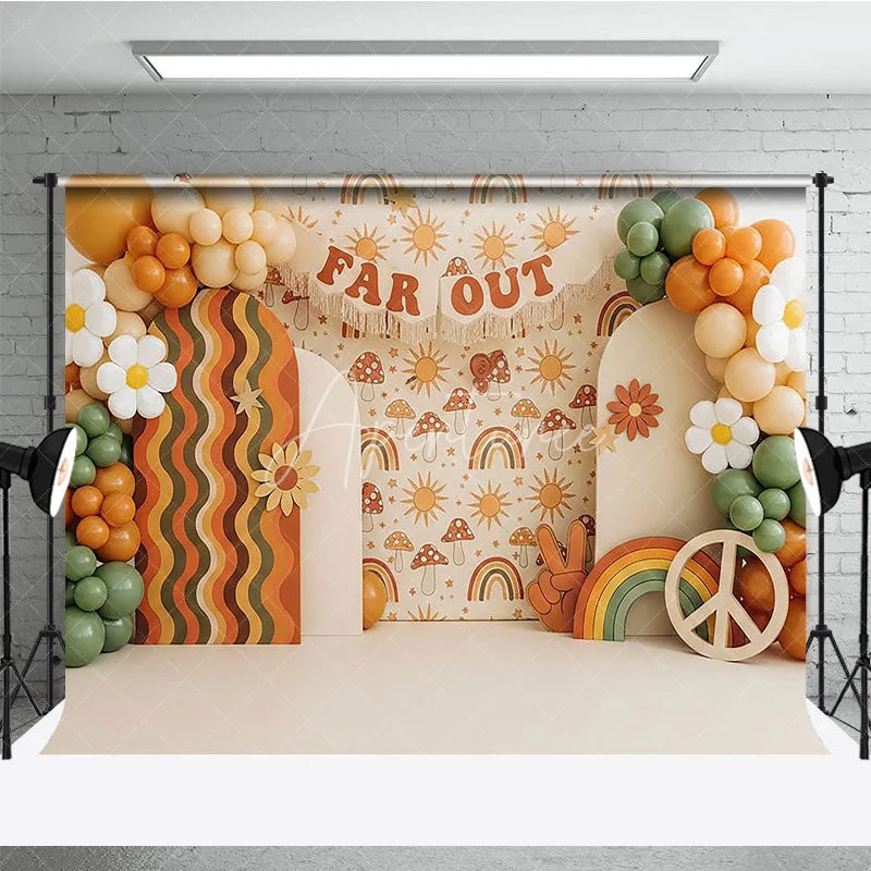 Aperturee - Aperturee Retro Groovy One Birthday Backdrop Boho Far Out Rainbow and Daisy Flowers Cake Smash Photography Background