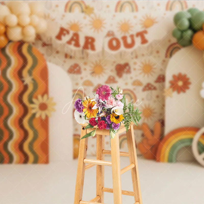 Aperturee - Aperturee Retro Groovy One Birthday Backdrop Boho Far Out Rainbow and Daisy Flowers Cake Smash Photography Background