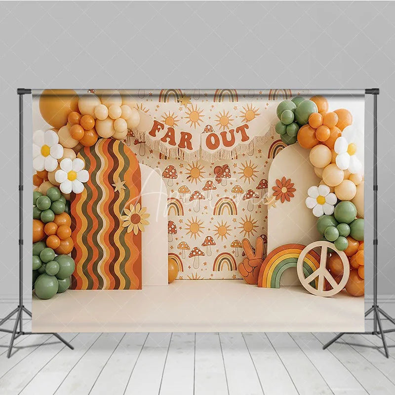 Aperturee - Aperturee Retro Groovy One Birthday Backdrop Boho Far Out Rainbow and Daisy Flowers Cake Smash Photography Background