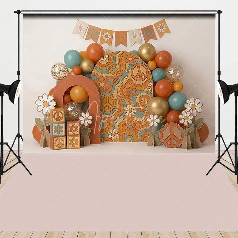 Aperturee - Aperturee Retro Groovy Peace Sign and Daisy Combo Set Backdrop Orange Teal Gold Balloons Birthday Party Decor