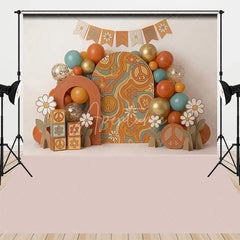 Aperturee - Aperturee Retro Groovy Peace Sign and Daisy Combo Set Backdrop Orange Teal Gold Balloons Birthday Party Decor