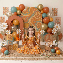 Aperturee - Aperturee Retro Groovy Peace Sign and Daisy Combo Set Backdrop Orange Teal Gold Balloons Birthday Party Decor