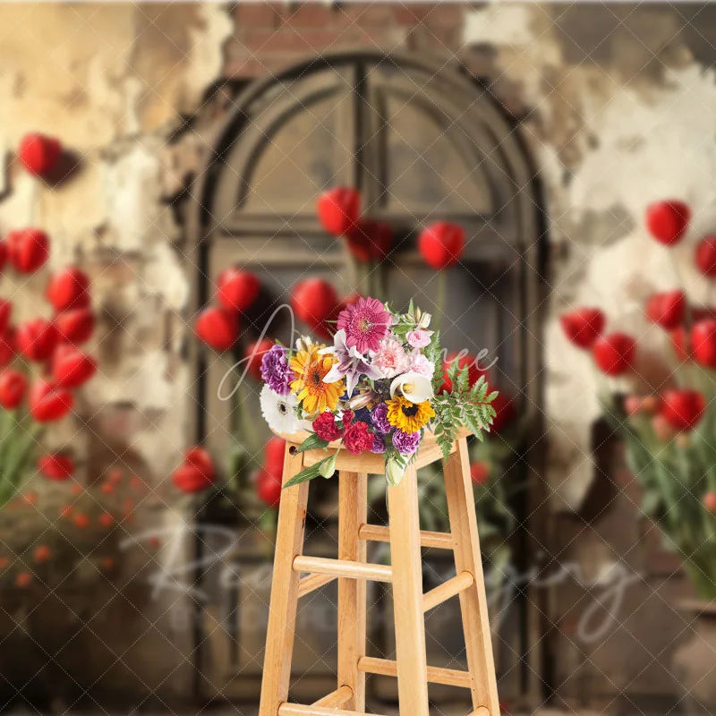 Aperturee - Aperturee Retro Grunge Wall Backdrop Bright Red Tulips and Distressed Door Photography Background for Spring Portrait Props