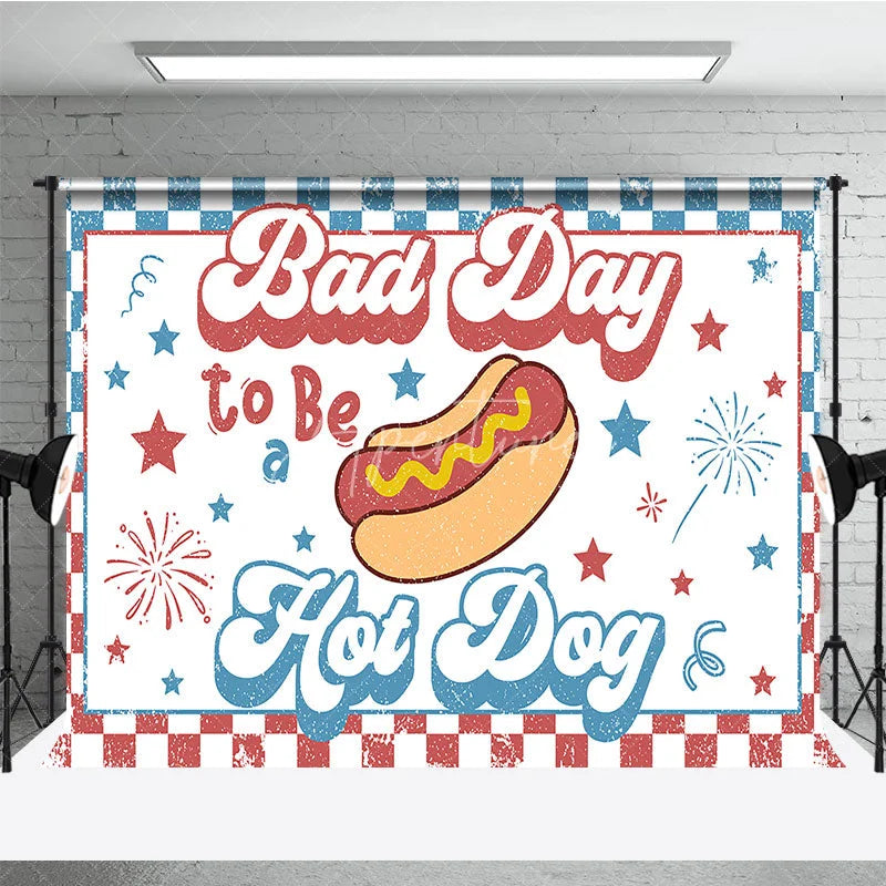 Aperturee - Aperturee Retro Hot Dog Bad Day to Be a Hot Dog Holiday Backdrop Patriotic Stars and Fireworks Summer Party Decor