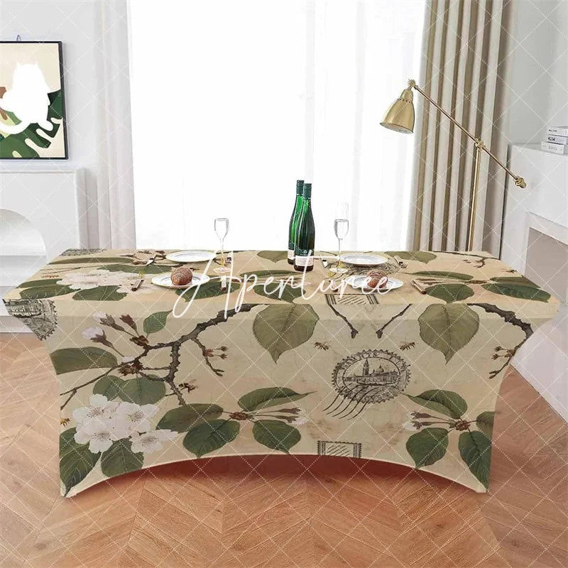 Aperturee - Aperturee Retro Pear Blossom Floral Leaves Cool Stretch Table Cover