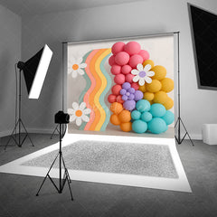 Aperturee Aperturee Retro Rainbow and Daisy Cake Smash Backdrop Wavy Panel with Balloons and Flowers Groovy First Birthday Photo Prop
