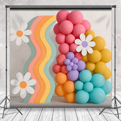 Aperturee Aperturee Retro Rainbow and Daisy Cake Smash Backdrop Wavy Panel with Balloons and Flowers Groovy First Birthday Photo Prop