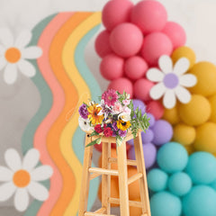 Aperturee Aperturee Retro Rainbow and Daisy Cake Smash Backdrop Wavy Panel with Balloons and Flowers Groovy First Birthday Photo Prop