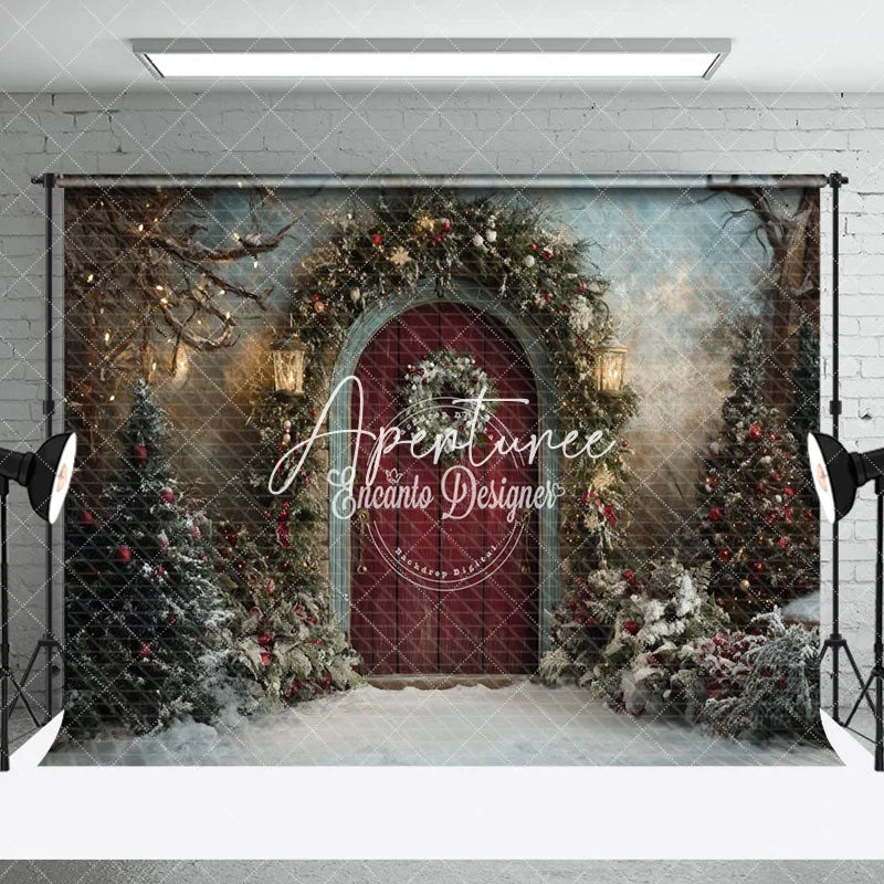 Aperturee - Aperturee Retro Red Door Snowy Trees Christmas Photo Backdrop