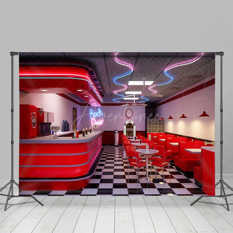 Aperturee - Aperturee Retro Red Rock Diner Plaid Floor Photography Backdrop