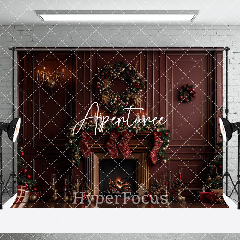 Aperturee - Aperturee Retro Red Wall Fireplace Christmas Room Set Backdrop