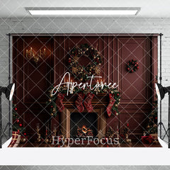 Aperturee - Aperturee Retro Red Wall Fireplace Christmas Room Set Backdrop