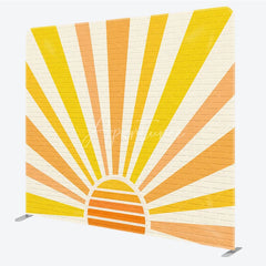 Aperturee - Aperturee Retro Sunburst Brick Wall Tension Fabric Backdrop Yellow Orange Rising Sun Background Sunshine Party Decoration
