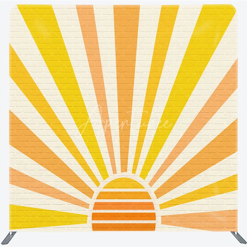 Aperturee - Aperturee Retro Sunburst Brick Wall Tension Fabric Backdrop Yellow Orange Rising Sun Background Sunshine Party Decoration