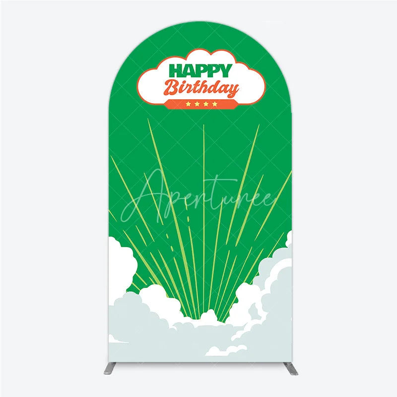 Aperturee - Aperturee Retro Sunburst Happy Birthday Arch Backdrop Green and White Cloud Party Cover