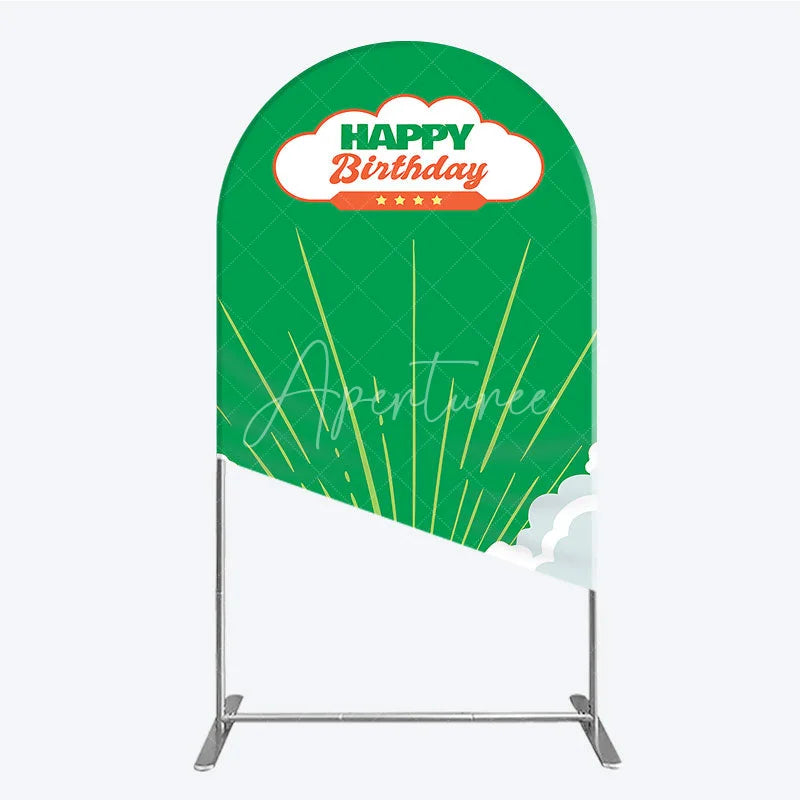 Aperturee - Aperturee Retro Sunburst Happy Birthday Arch Backdrop Green and White Cloud Party Cover