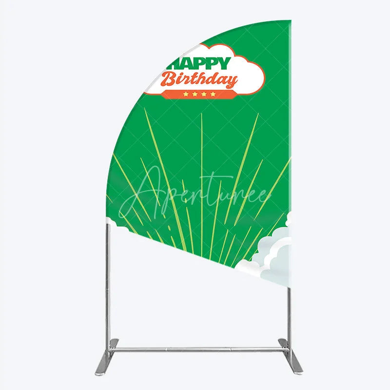 Aperturee - Aperturee Retro Sunburst Happy Birthday Half Moon Arch Backdrop Green and White Cloud Party Cover