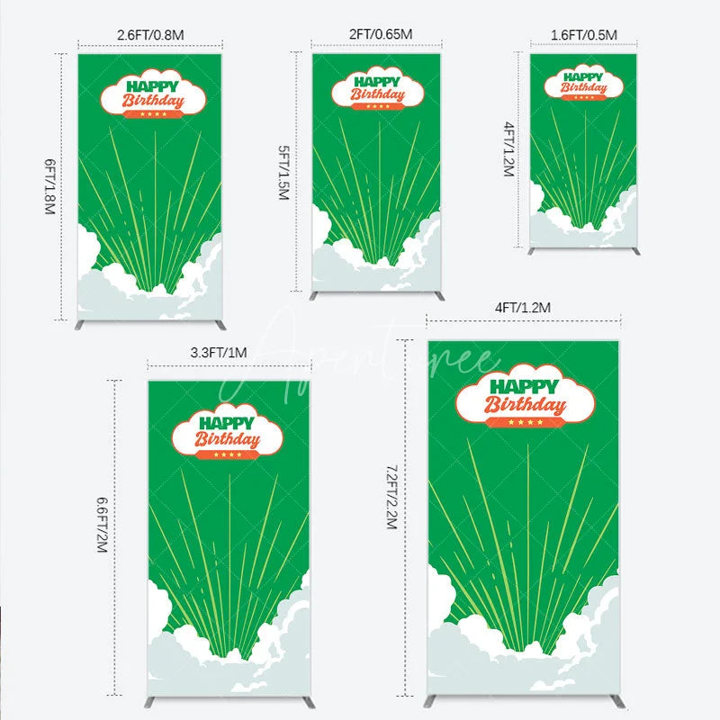 Aperturee - Aperturee Retro Sunburst Happy Birthday Rectangle Backdrop Green and White Cloud Party Cover